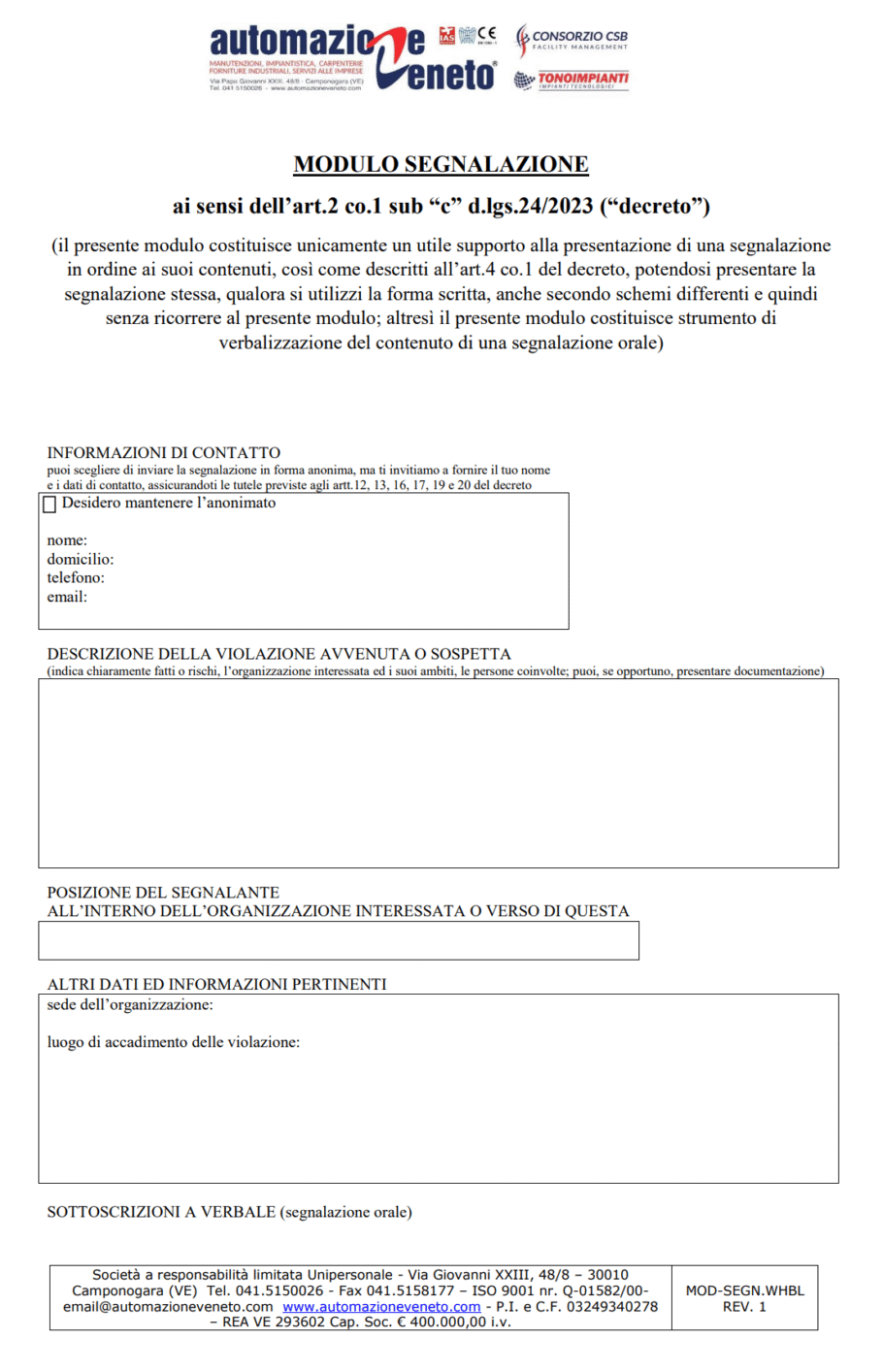 copertina file modulo di segnalazione whistleblowing